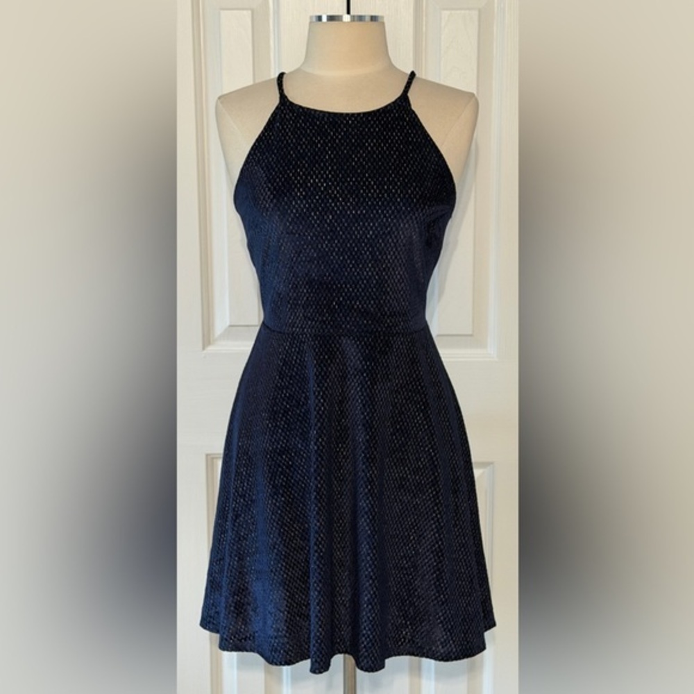 Rosie Harlow Navy Blue Velvet Metallic Skater Dress Size XL Sleeveless Fit Flare